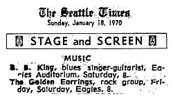 Golden Earring January 23, 1970 show ad Seattle - Eagles Auditorium
